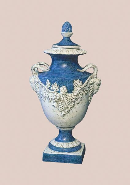 TALL CHALICE-SHAPED VASE WITH BAS-RELIEFS IN BLUE AND WHITE